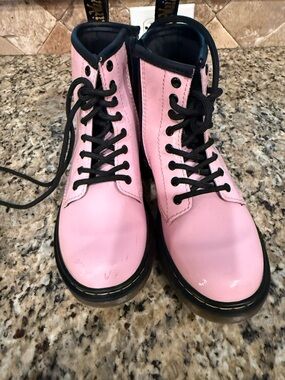 Dr. Martens Pink Lace-Up Kids Combat Boots with Black Accents